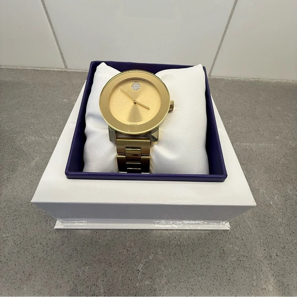 Movado Women's BOLD All Gold Stainless Steel Crystal Dot 36mm Watch New Battery